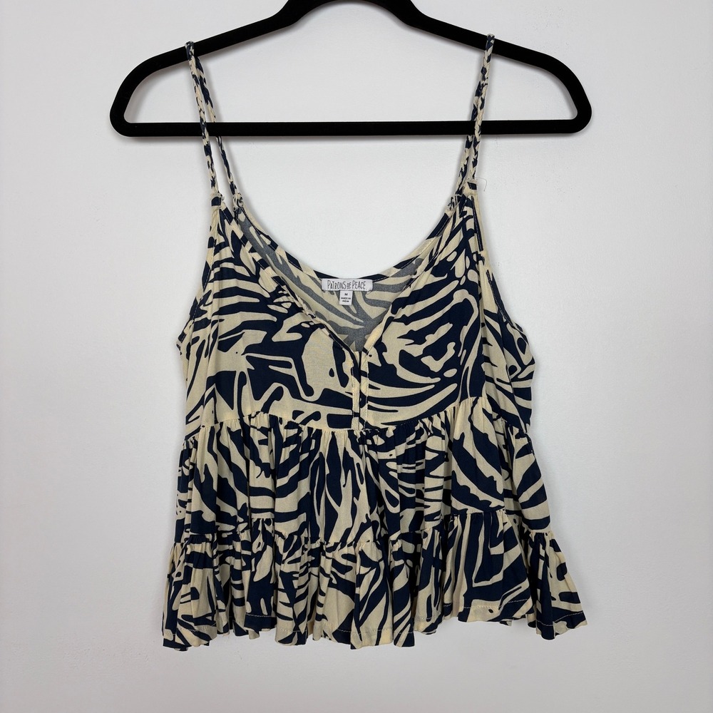 Patrons of Peace Women Tiered Babydoll Cami Top Size M Blue Cream Zebra Festival